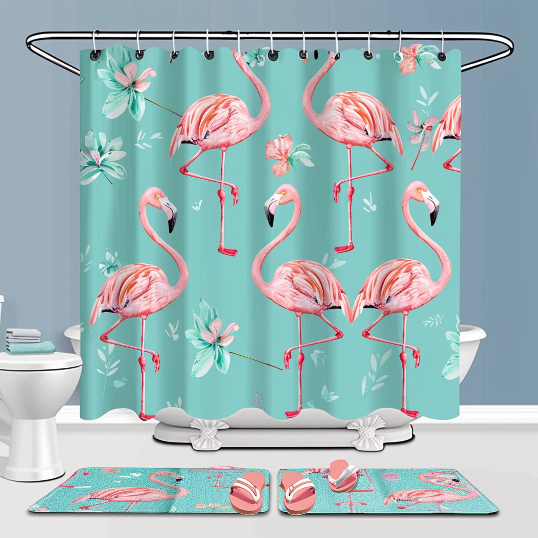 Hyper Realistic Pink Flamingo Bathroom Set Shower Curtain Flip Flops