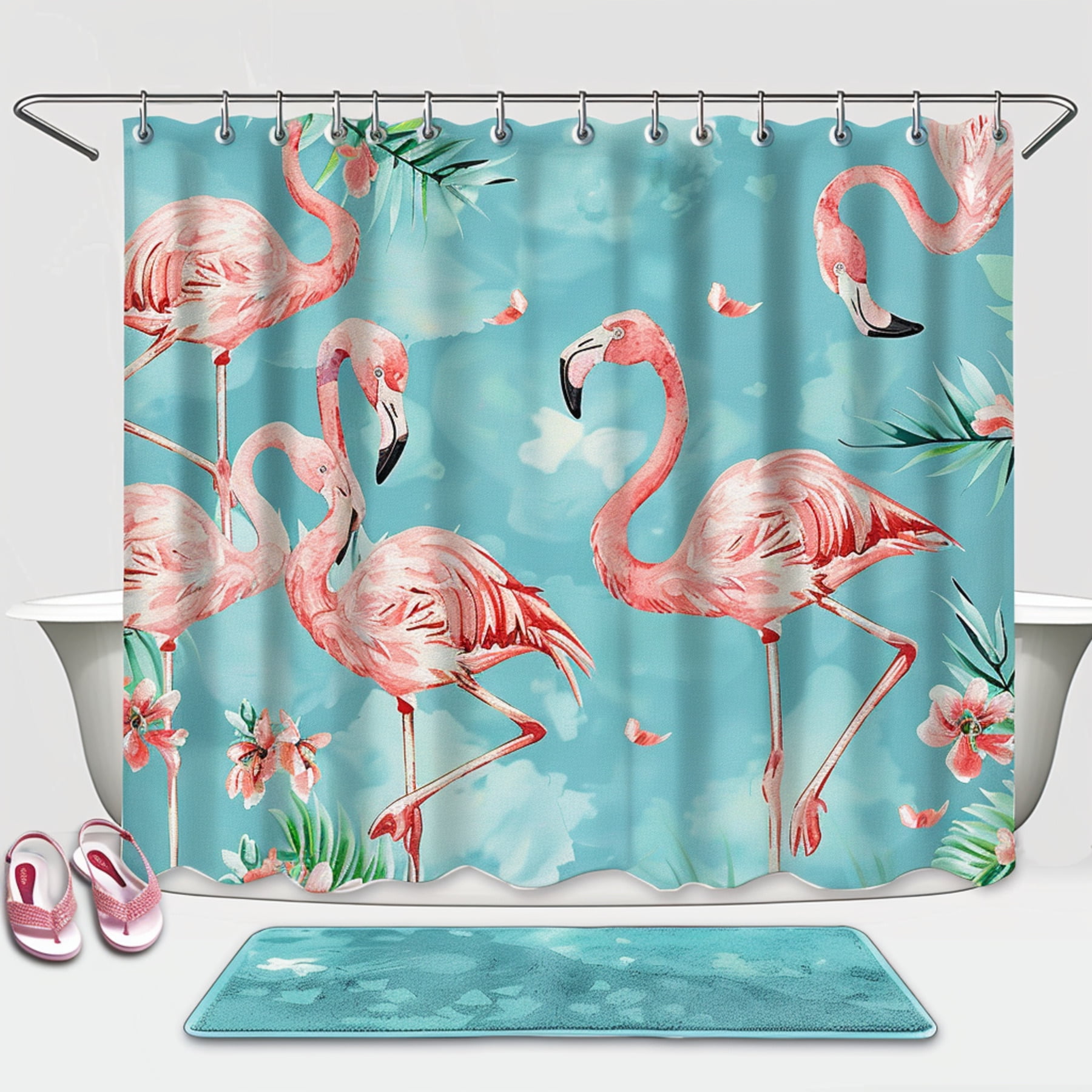 Hyper Realistic Pink Flamingo Bathroom Set Shower Curtain Flip Flops