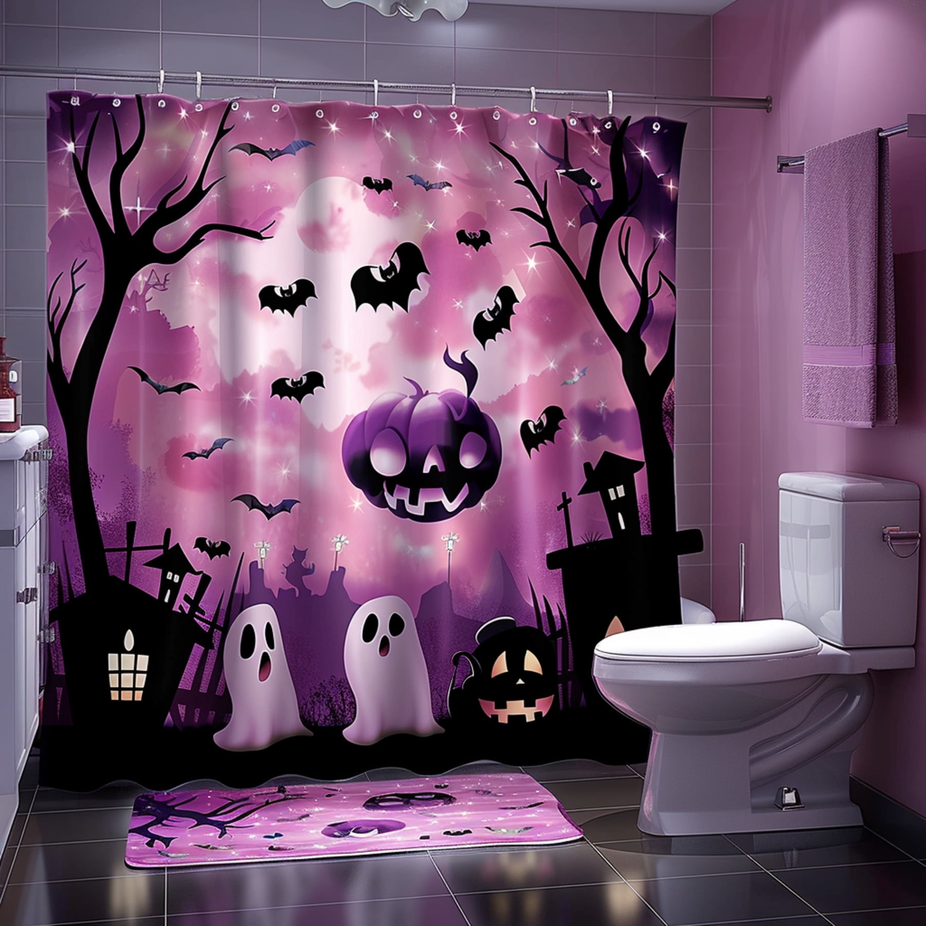 Hyper Realistic Pink Halloween Bathroom Decor with Ghost Bat and Cat ...