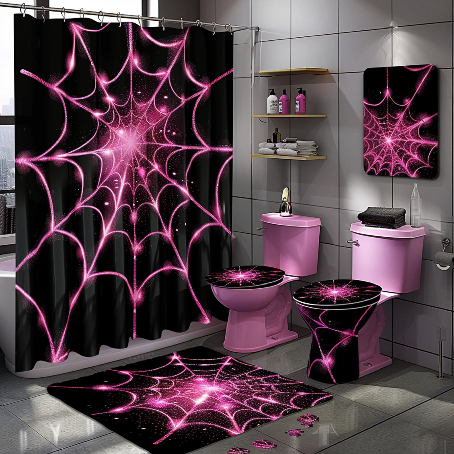 Hyper Realistic Pink Spider Web Bathroom Set Shower Curtain Sink Black ...