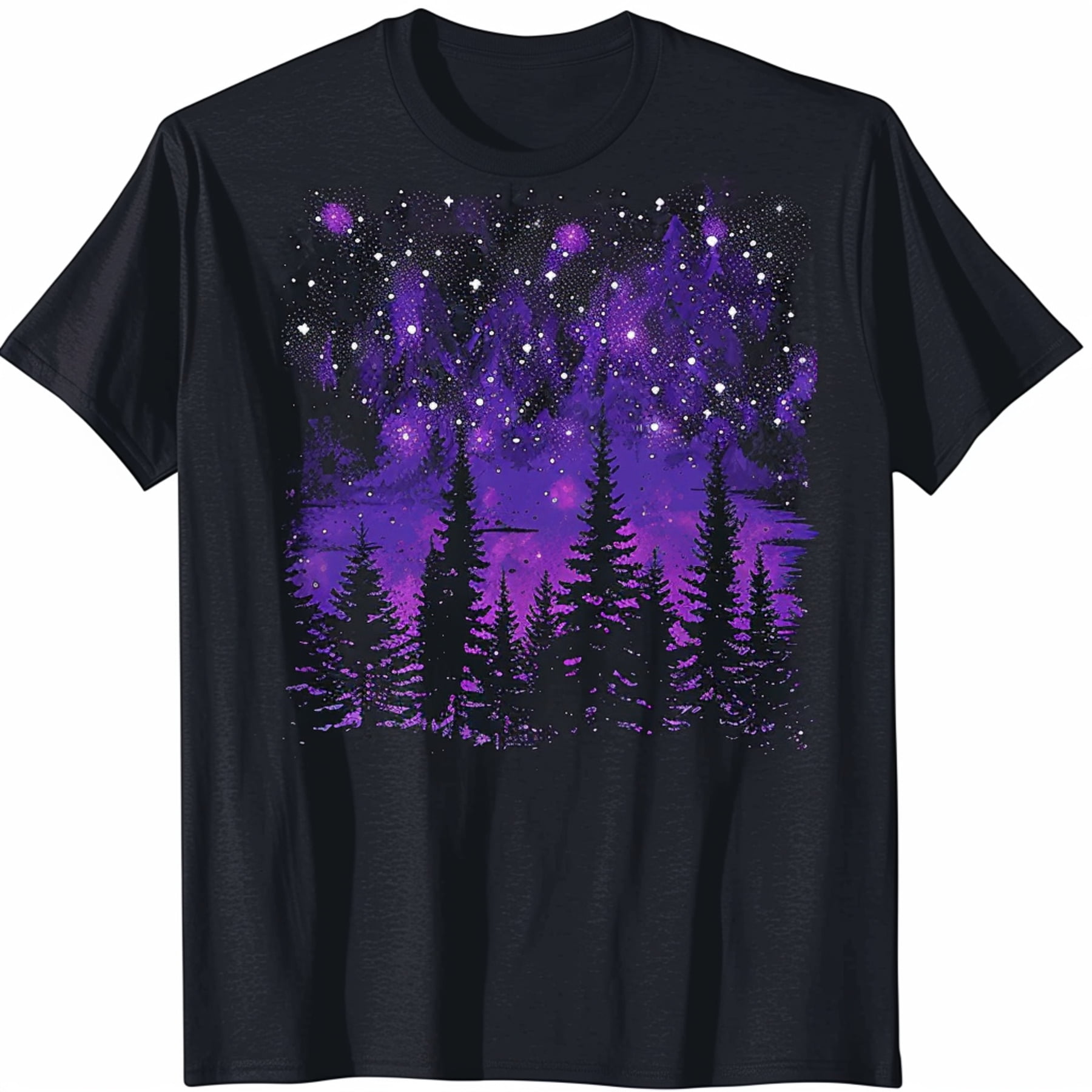 Hyper Realistic Purple Night Sky T Shirt Design with Pine Trees Digital ...