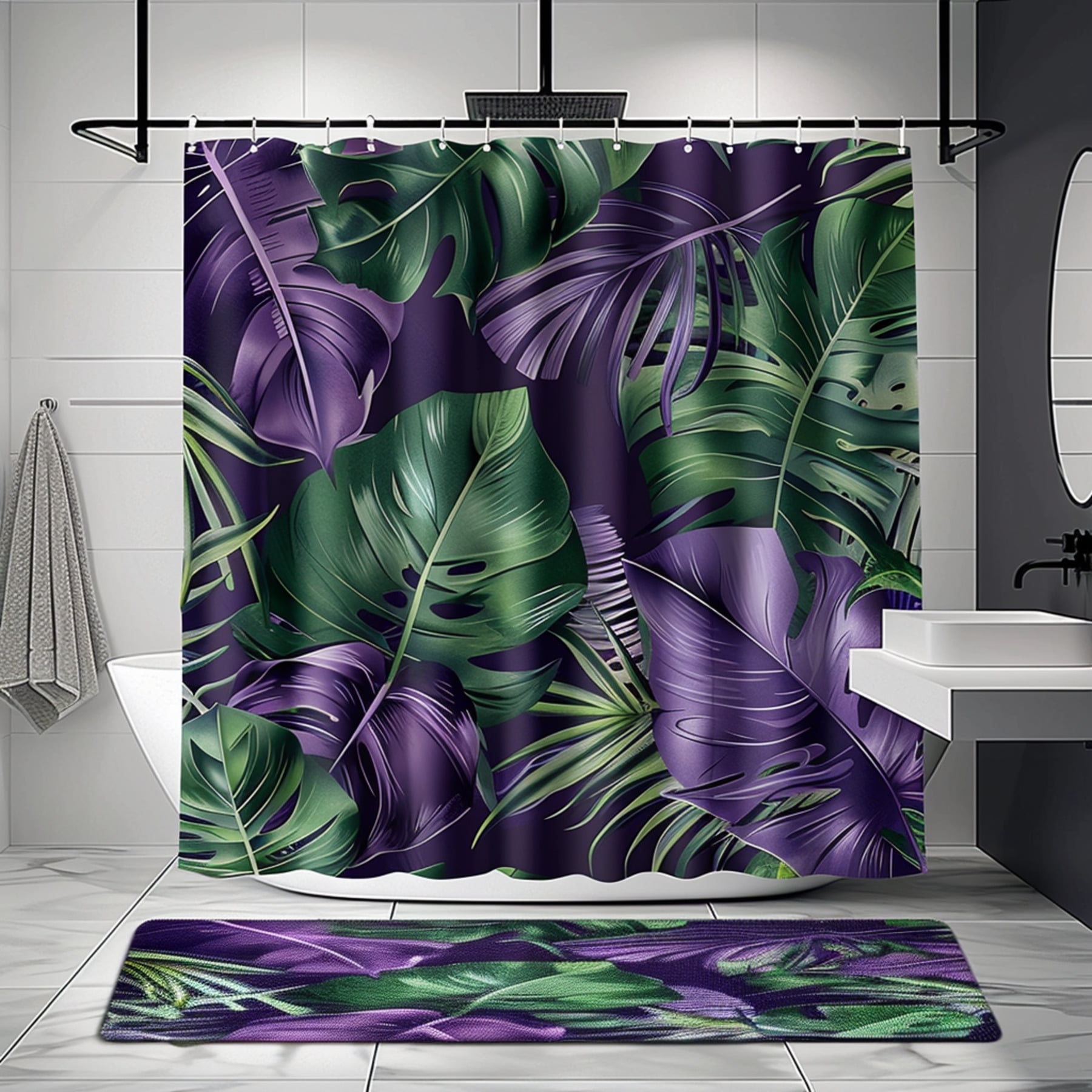 Hyper Realistic Purple and Green Tropical Leaves Bathroom Curtain Set ...
