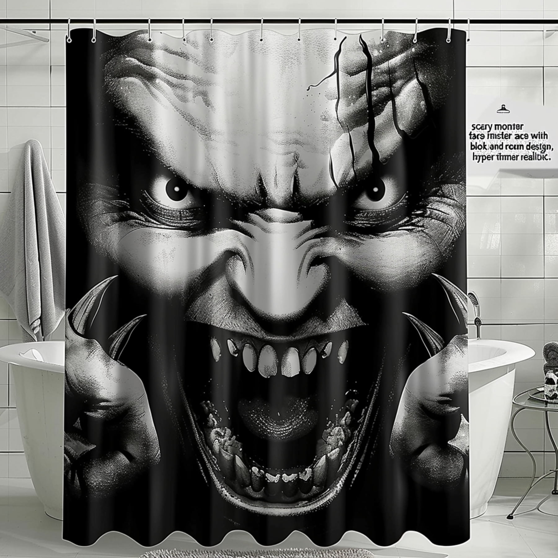 Hyper Realistic Scary Monster Face Black and White Bathroom Curtain ...