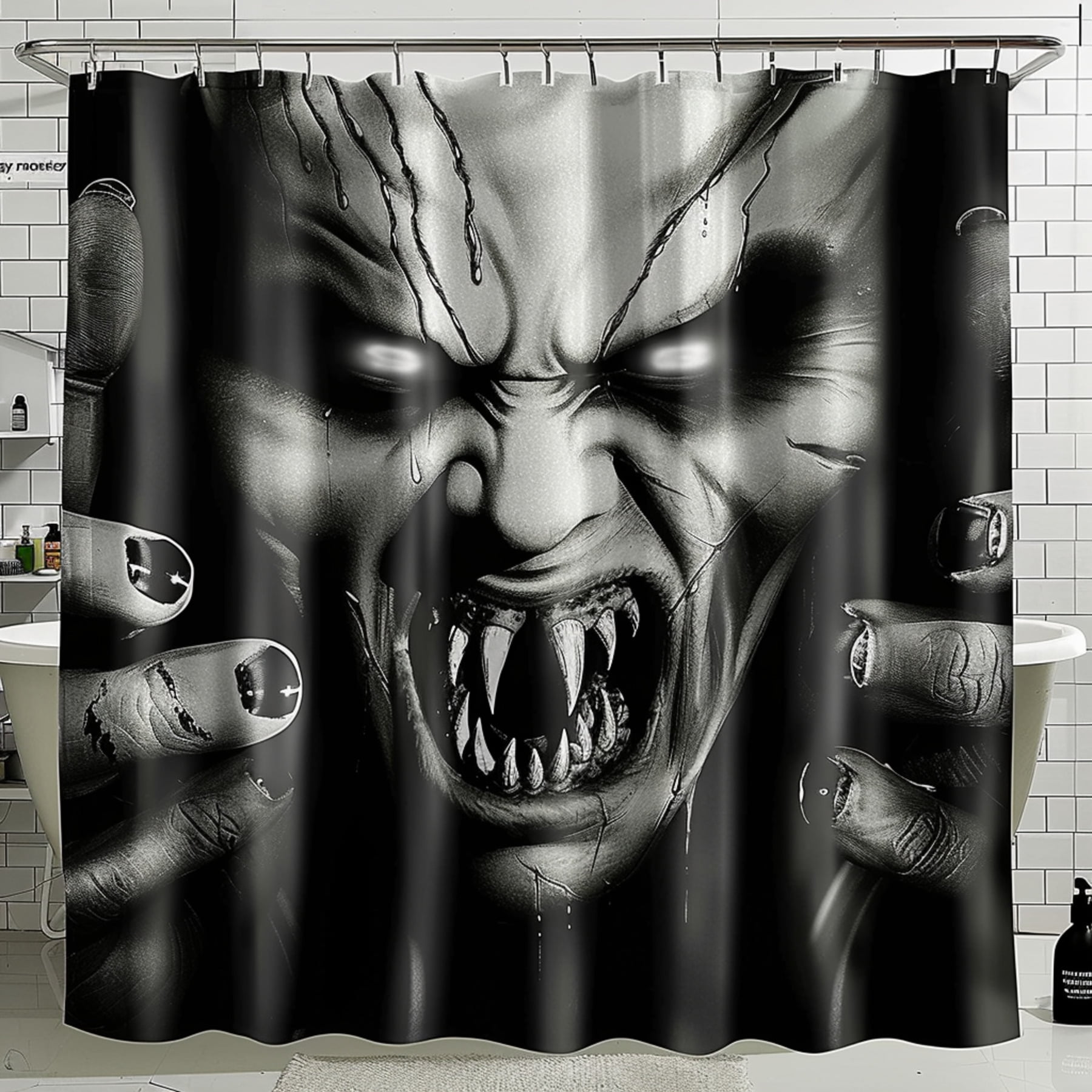 Hyper Realistic Scary Monster Face Shower Curtain Black and White ...