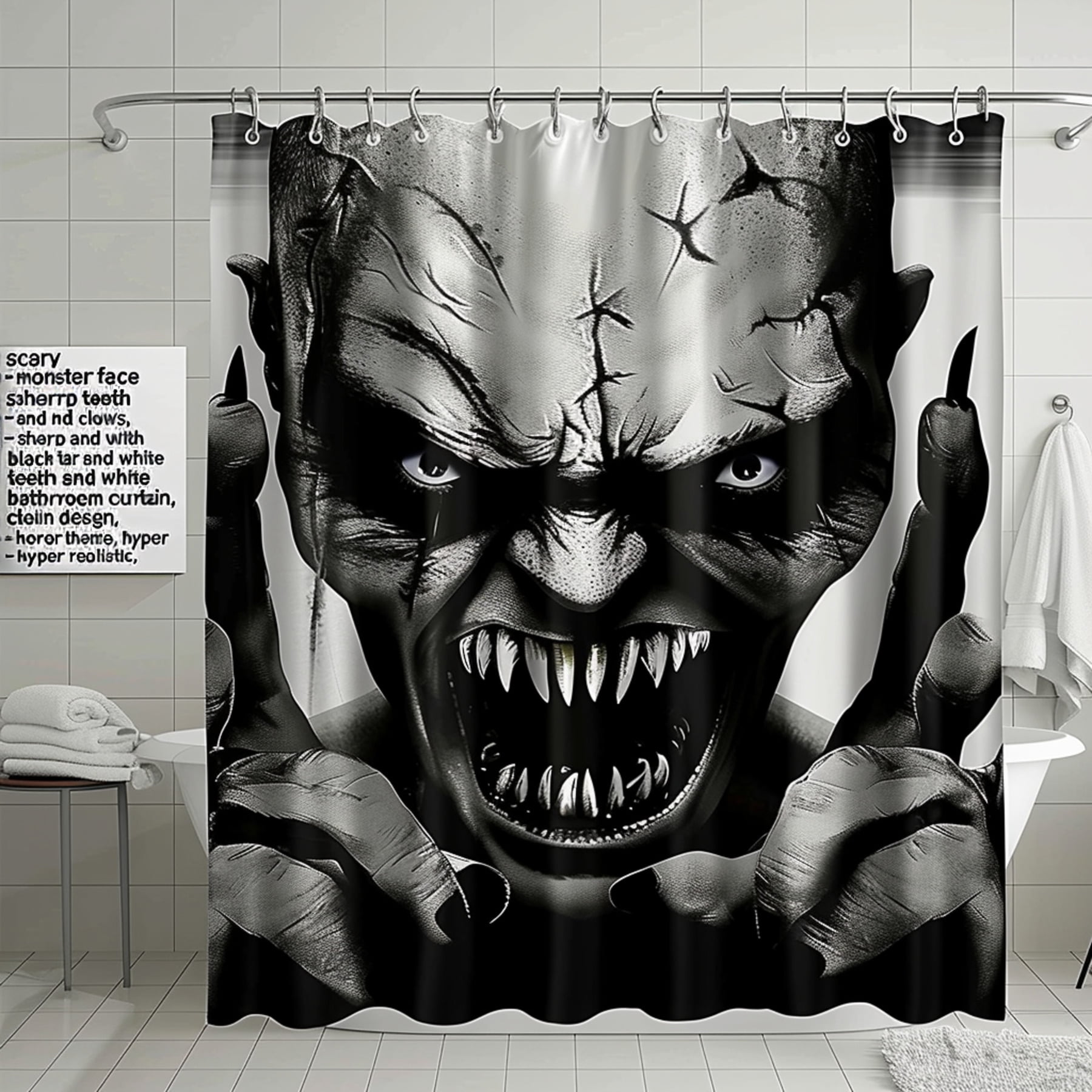 Hyper Realistic Scary Monster Face Shower Curtain Black and White ...