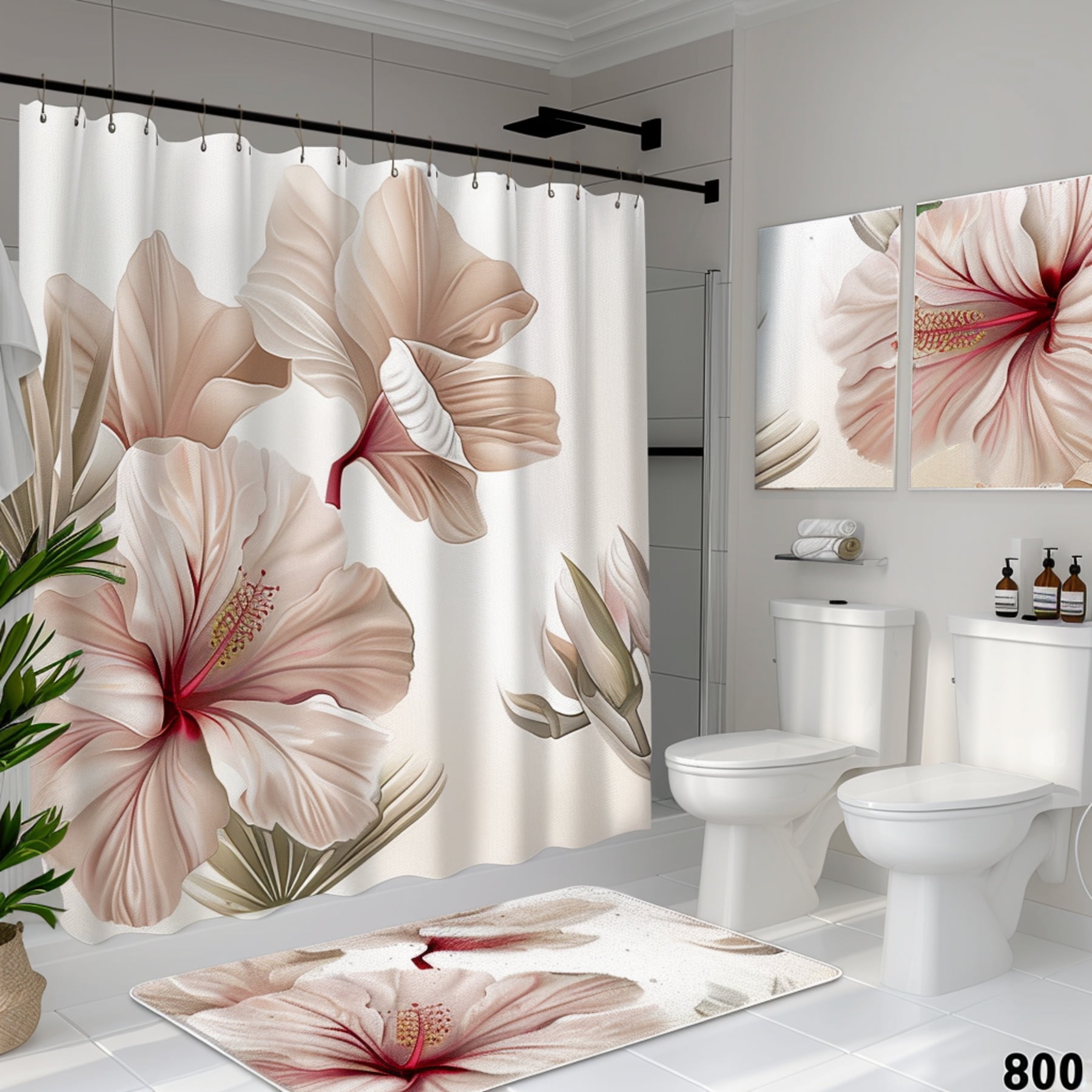 Hyper Realistic Shower Curtain with 2 Big Hibiscus Flowers Neutral ...