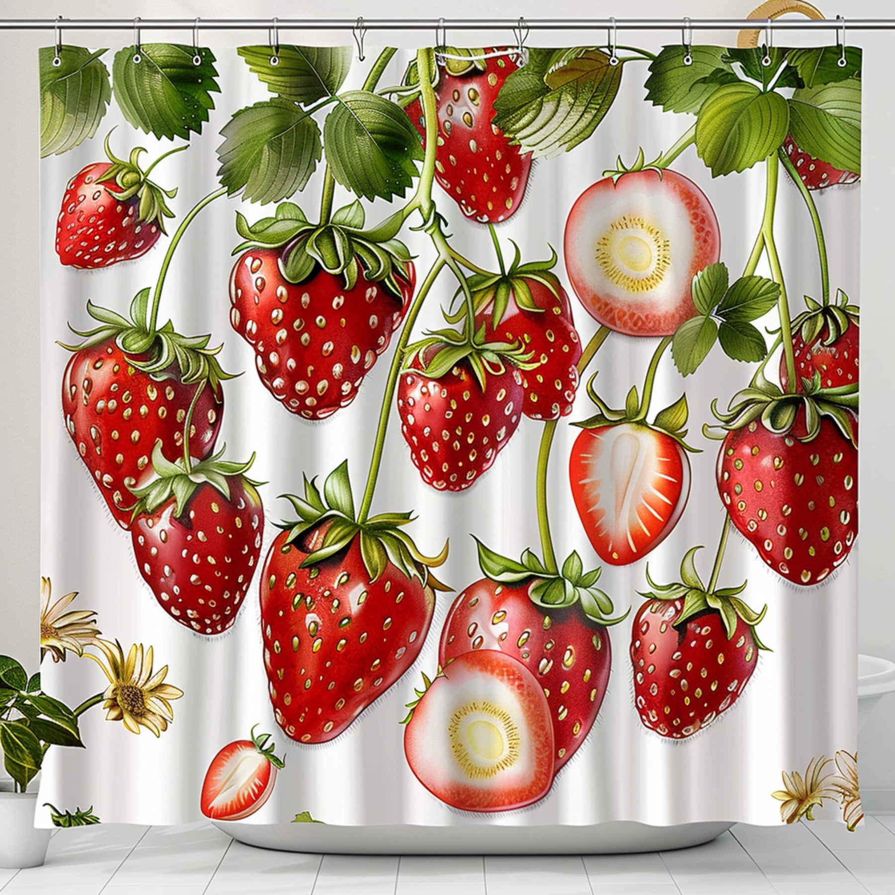 Hyper Realistic Strawberry Branch Shower Curtain White Background 20