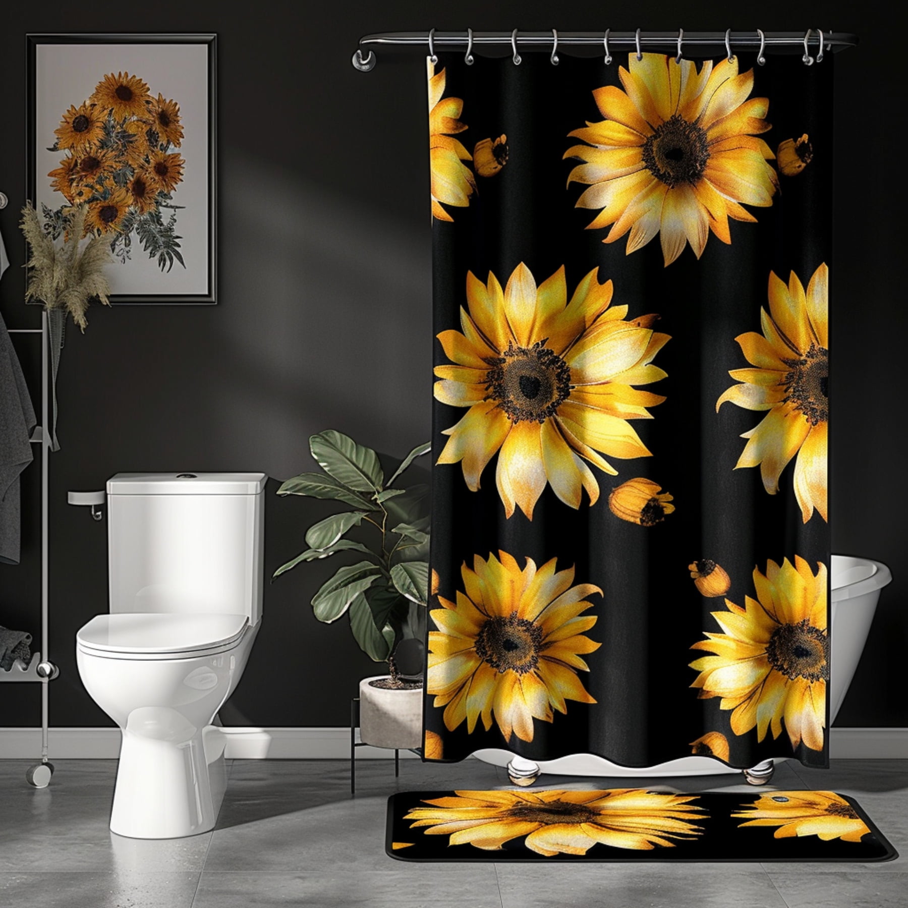 Hyper Realistic Sunflower Bathroom Set Black Background Bright Colors