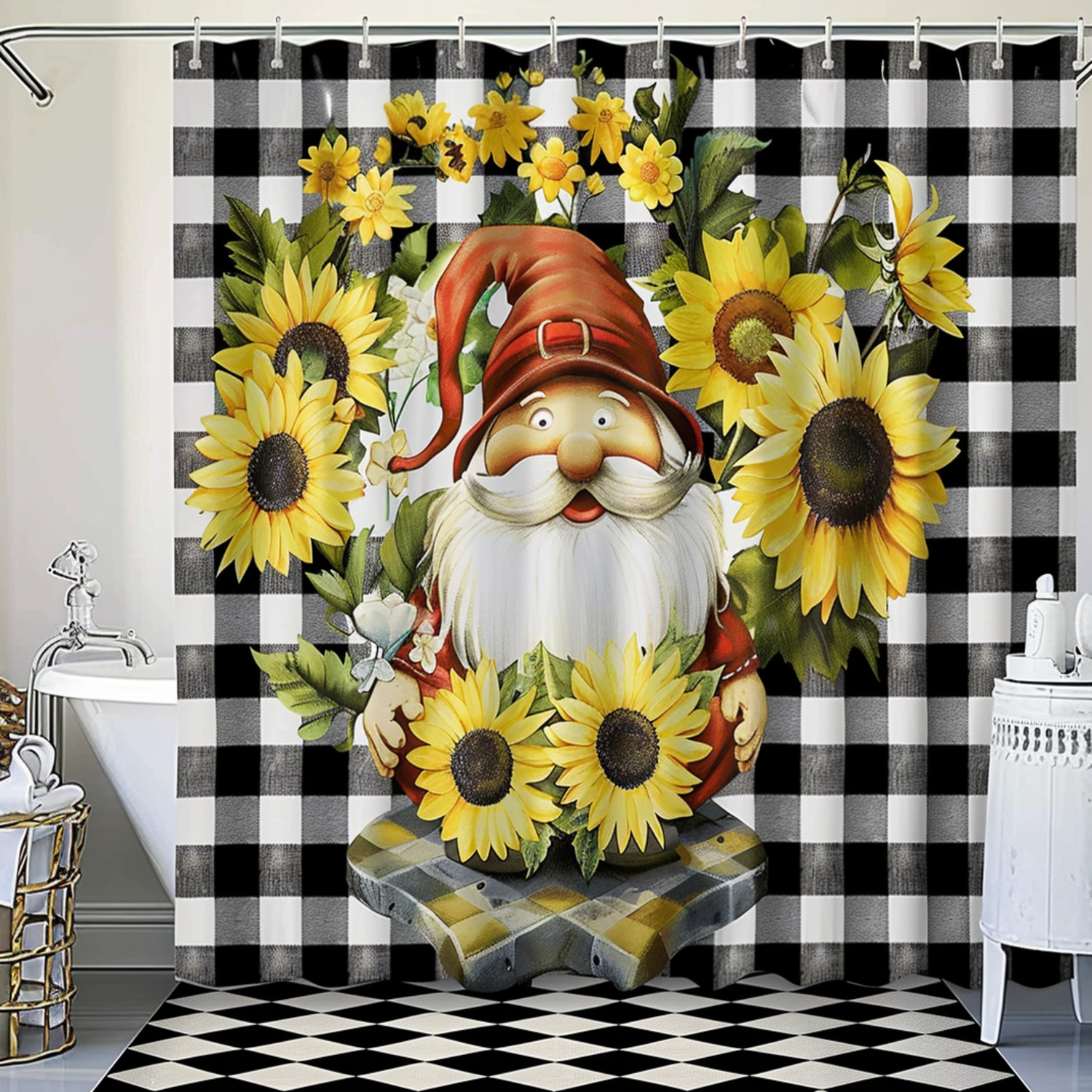 Hyper Realistic Sunflower Garden Gnome Shower Curtain Black and White