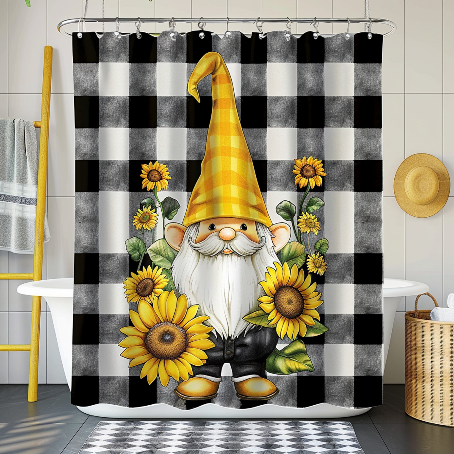 Hyper Realistic Sunflower Garden Gnome Shower Curtain Black and White