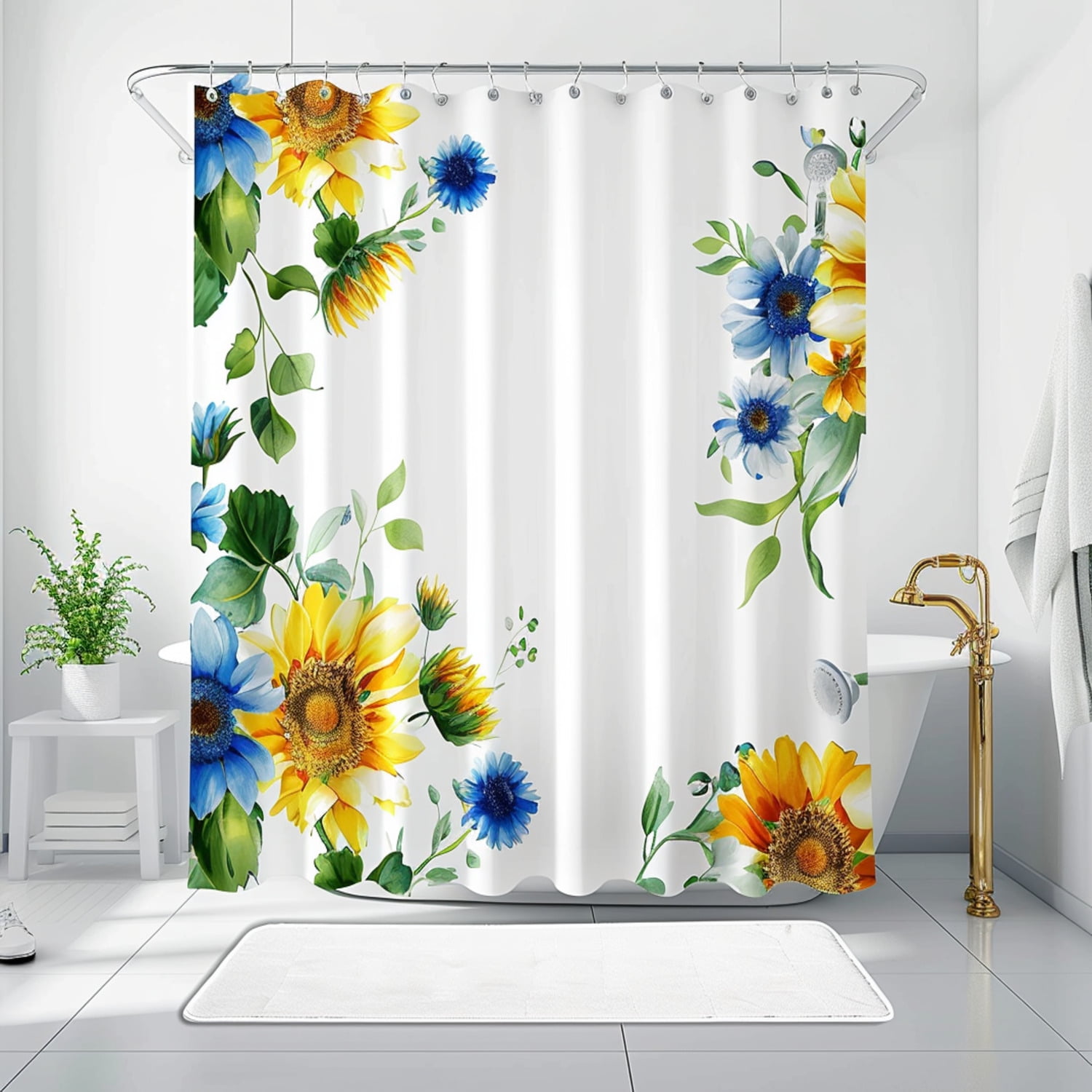 Hyper Realistic Sunflower and Blue Daisy Bathroom Shower Curtain High