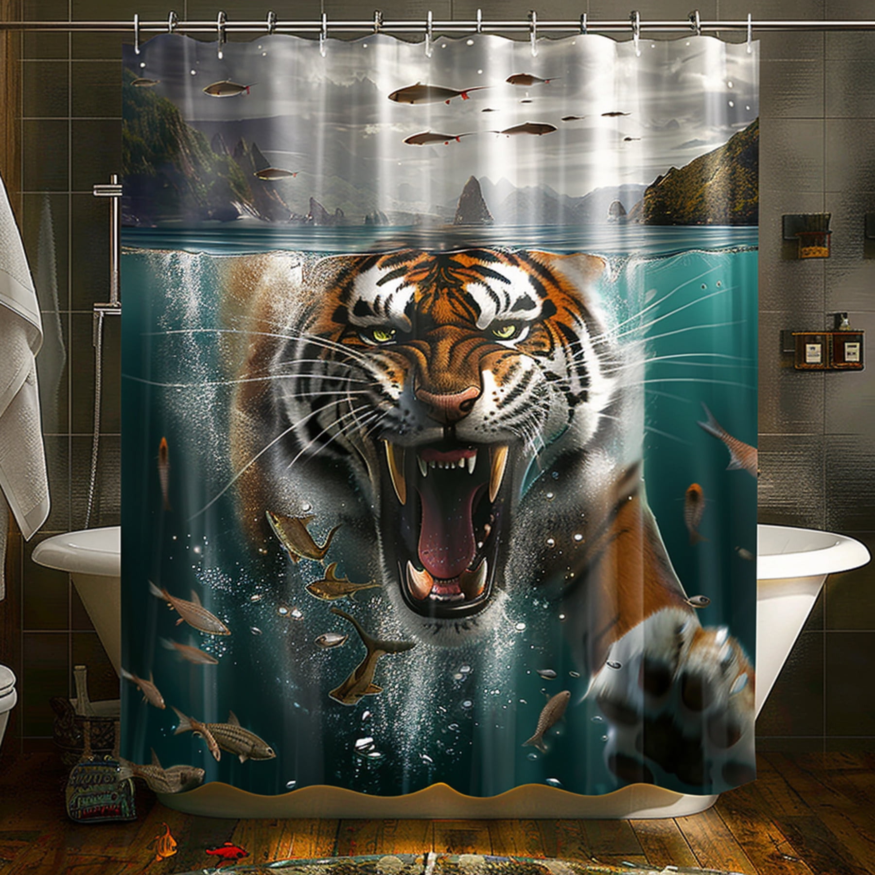Hyper Realistic Tiger Underwater Hunting Shower Curtain Modern Style