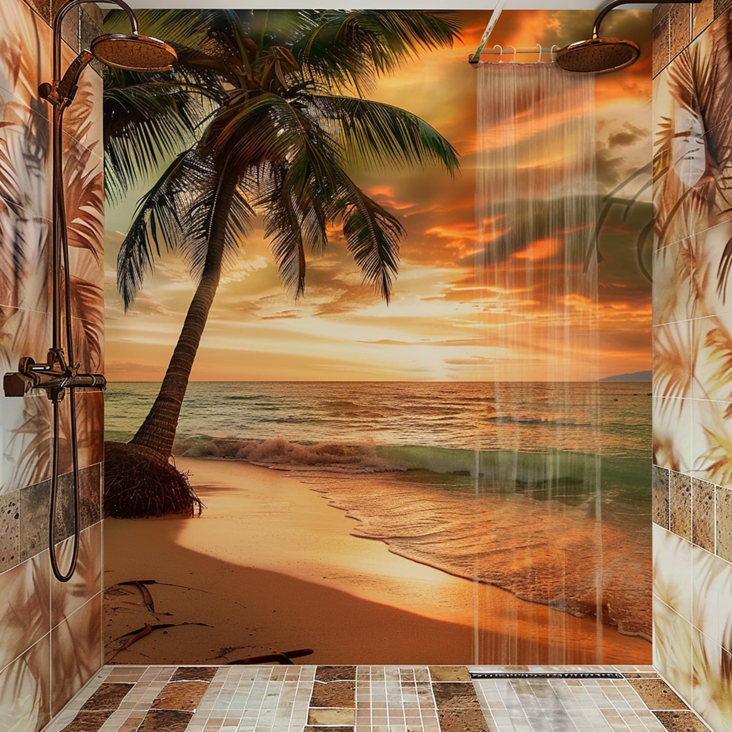 Hyper Realistic Tropical Beach Sunset Shower Curtain Palm Tree Bathroom