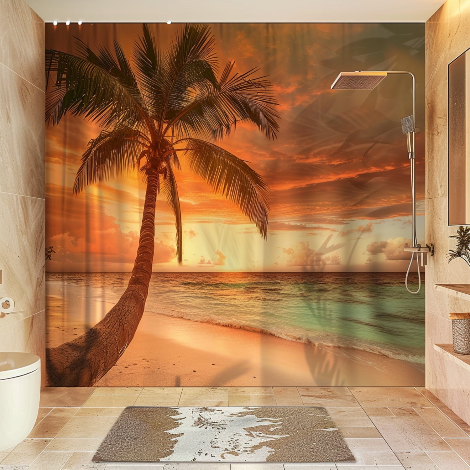 Hyper Realistic Tropical Beach Sunset Shower Curtain Palm Tree Design