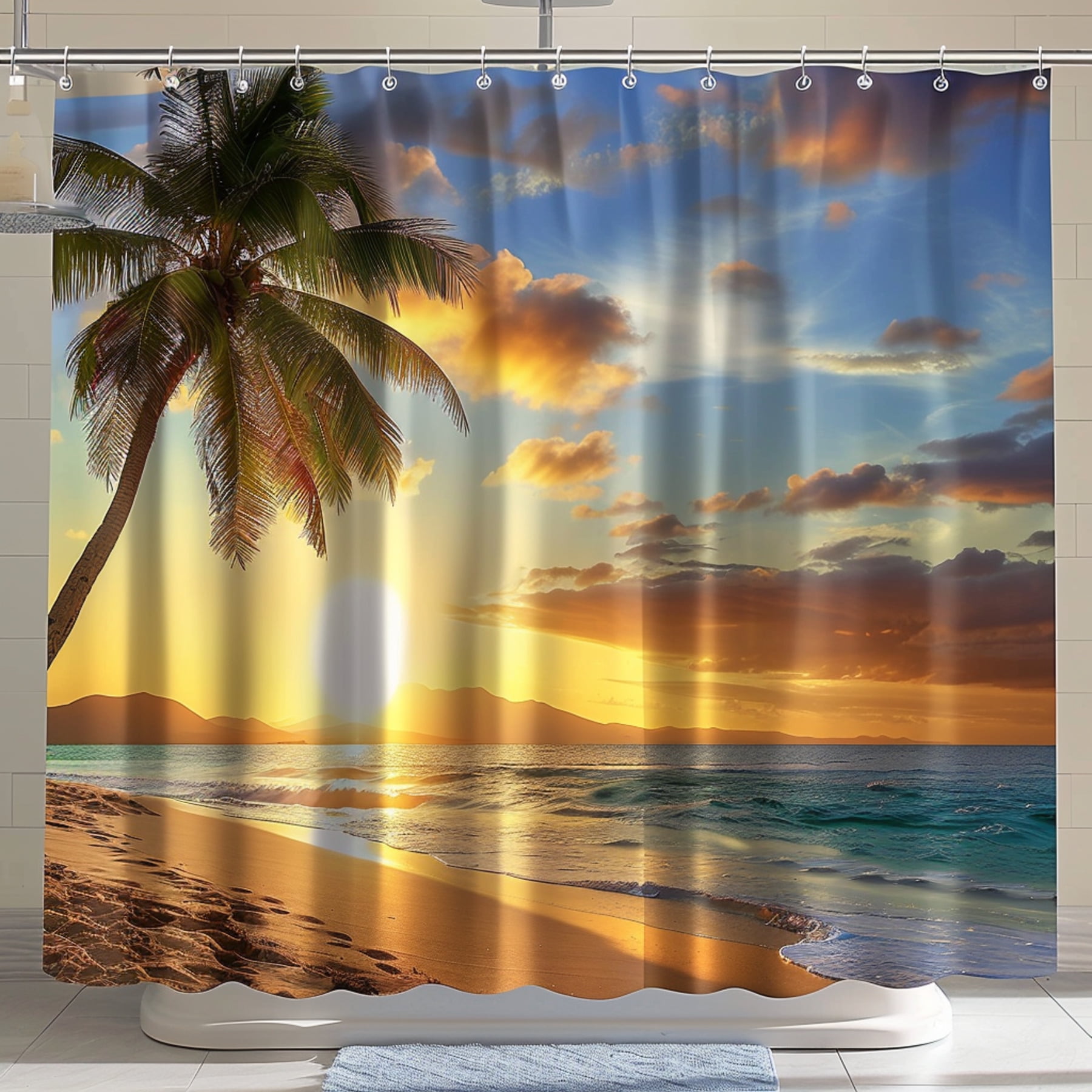 Hyper Realistic Tropical Beach Sunset Shower Curtain Palm Trees Ocean ...