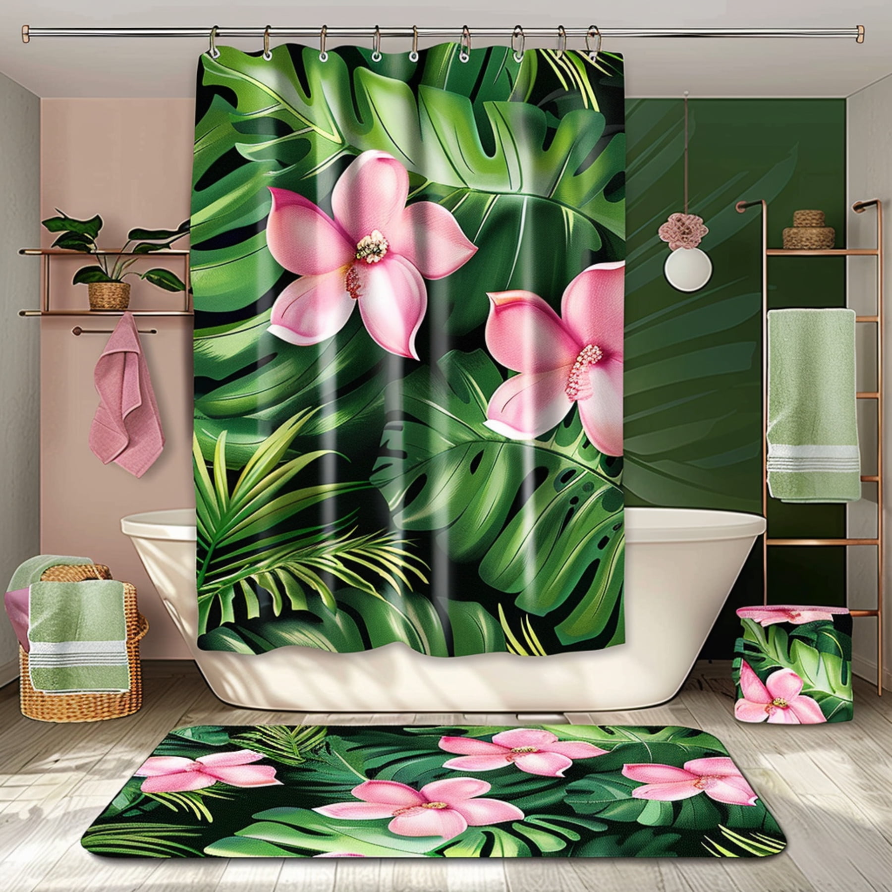 Hyper Realistic Tropical Leaves & Pink Flower Bathroom Set Nature Style