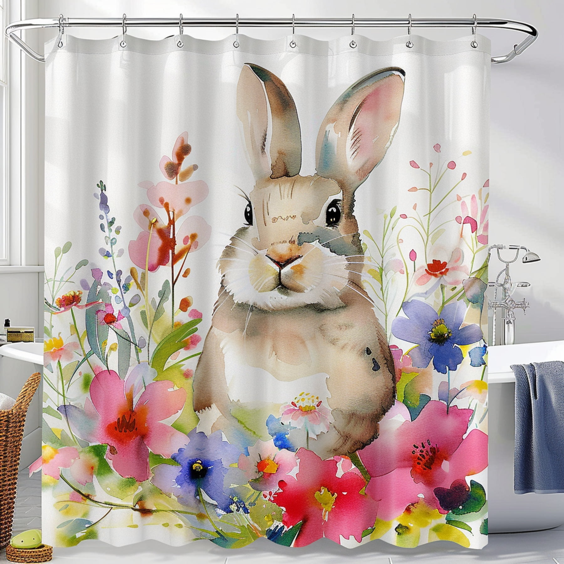 Hyper Realistic Watercolor Floral Easter Bunny Shower Curtain Detailed ...