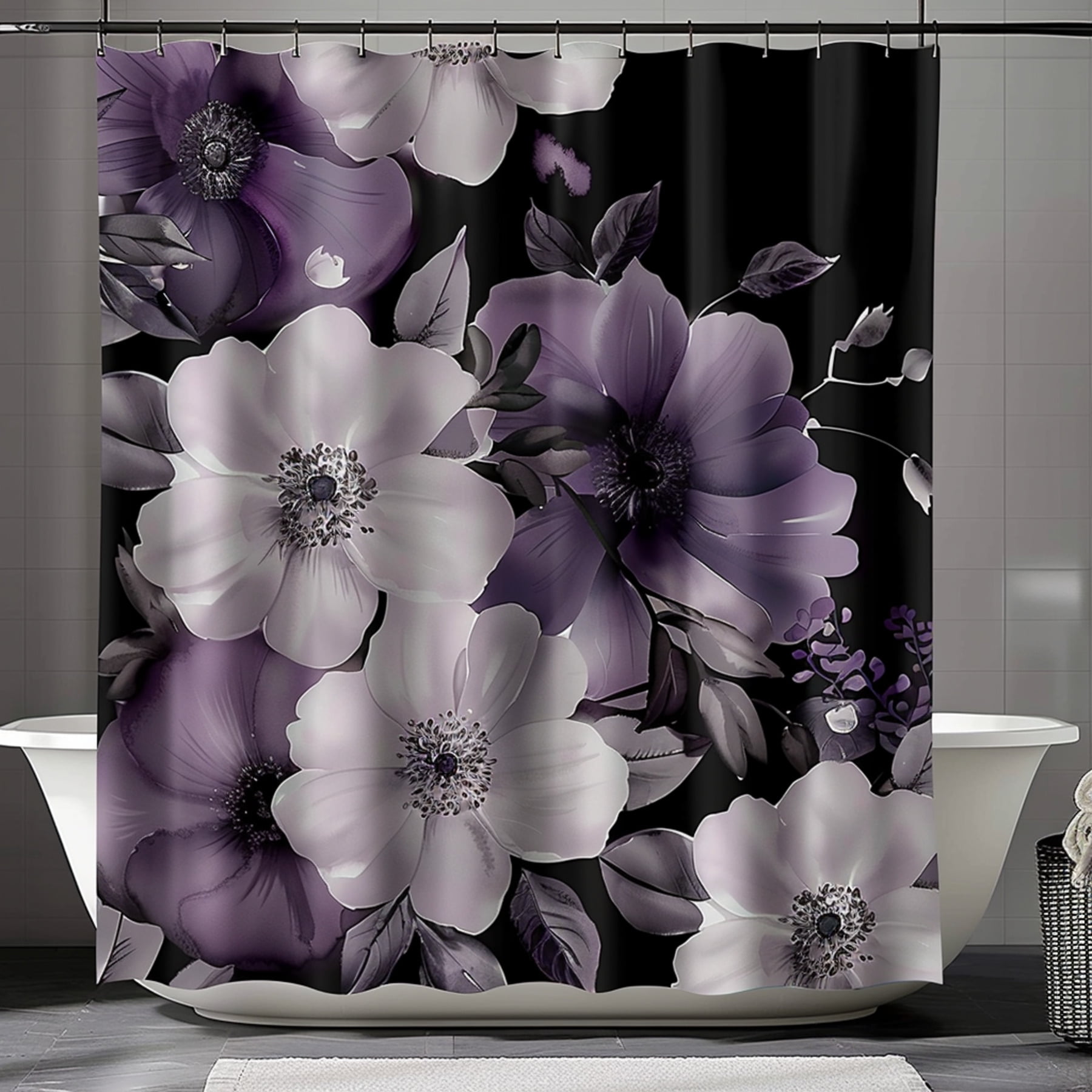 Hyper Realistic Watercolor Floral Shower Curtain in Dark Purple & White
