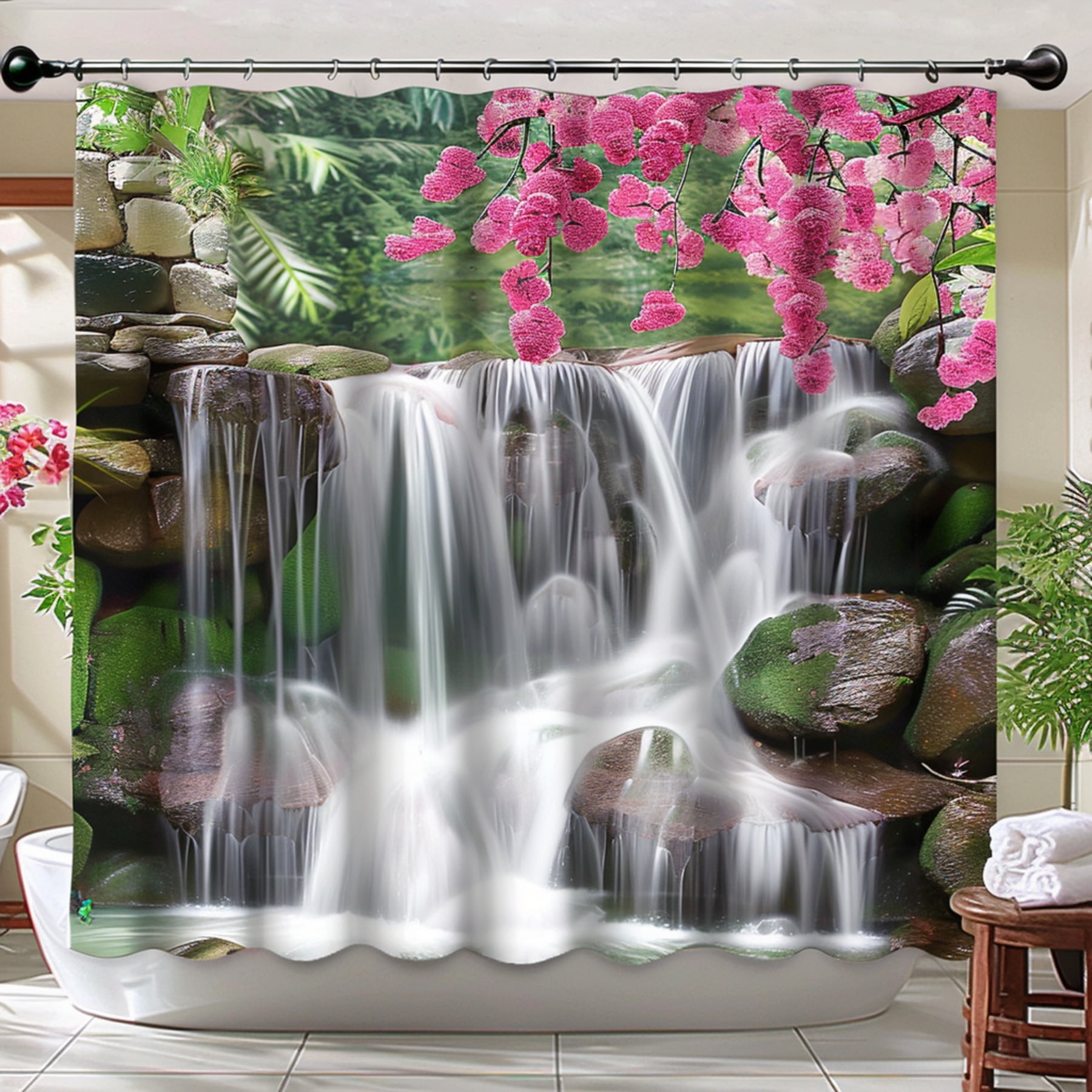 Hyper Realistic Waterfall Shower Curtain with Pink Flowers White and ...