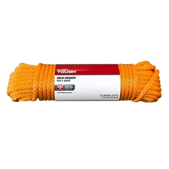 Hyper Tough 1/2 inch x 75 feet Orange Polypropylene Solid-Braid Rope