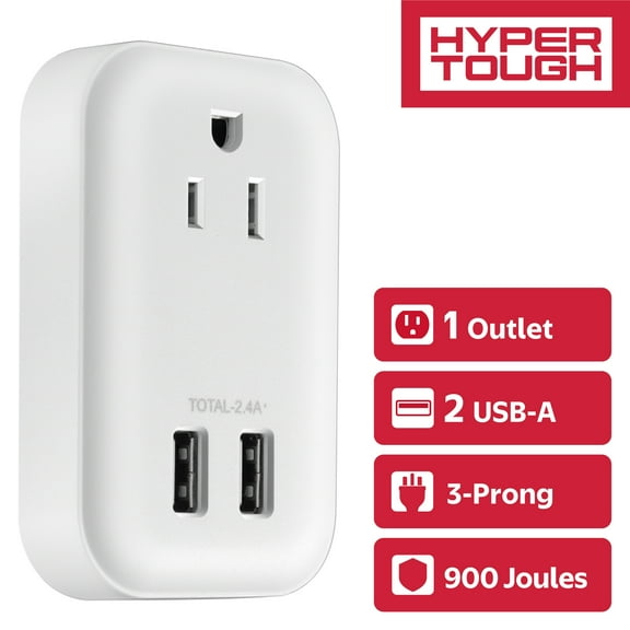 Hyper Tough USB Outlet Extender & Surge Protector, 1 Outlet Splitter with 2 USB-A Ports, White