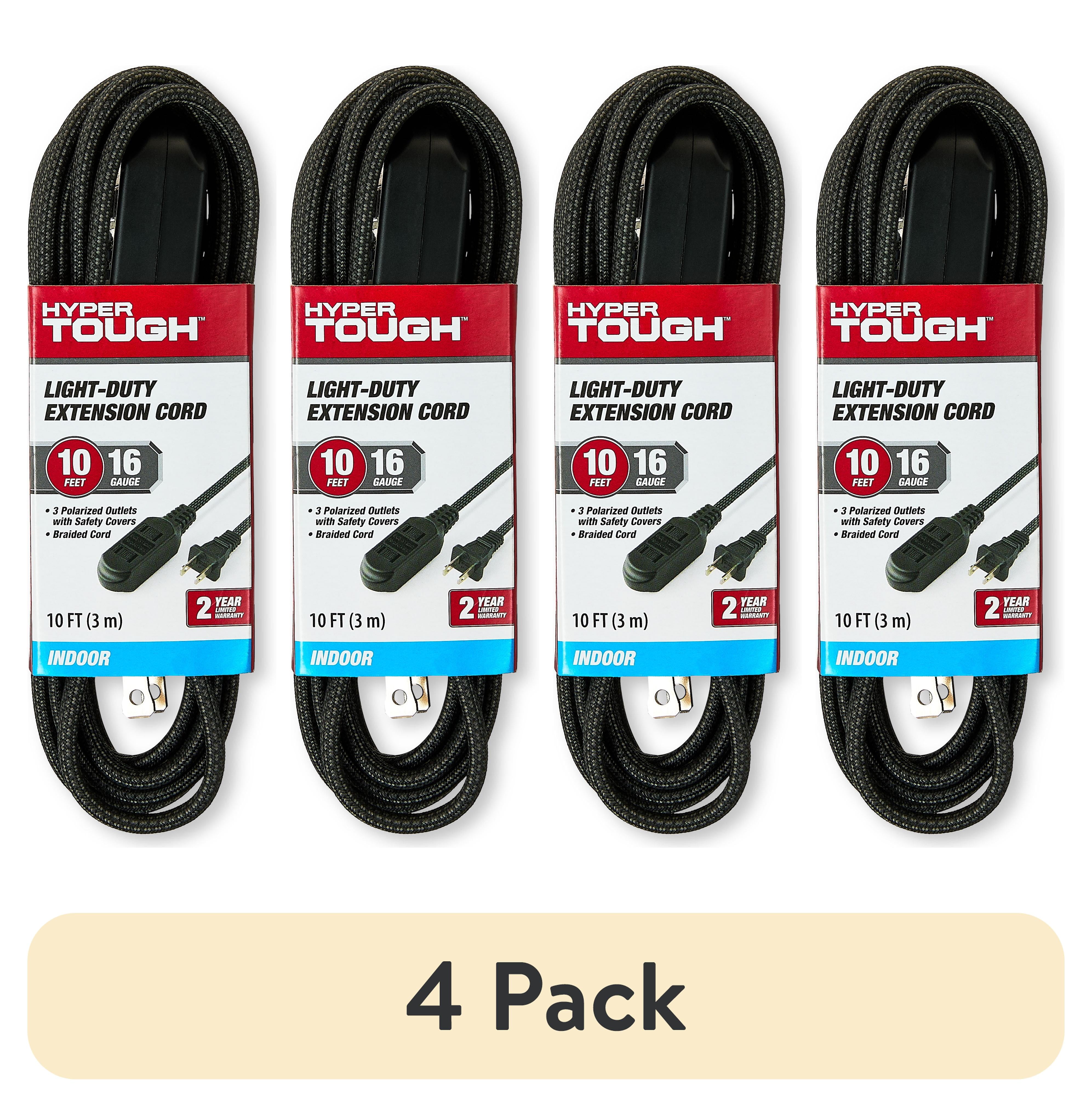 (4 pack) Hyper Tough 10-Foot 3-Outlet Light-Duty Extension Cord, Black