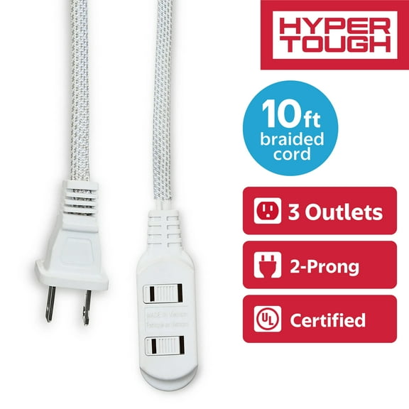 Hyper Tough White Extension Cord 10 feet with 3 Outlets, Braided Cord, 2 Prong, Indoor