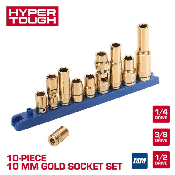 Hyper Tough 10-Piece 10mm Gold Socket Set with Socket Rail, Holiday