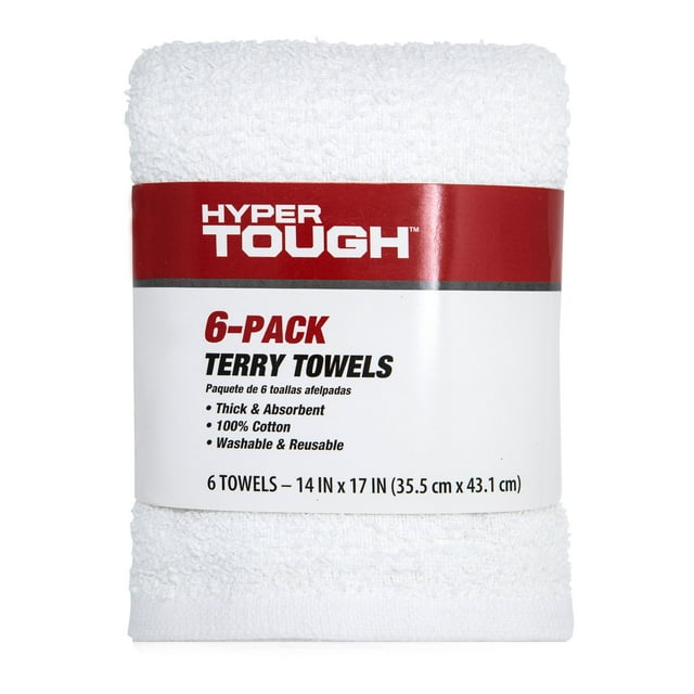 Hyper Tough 100 Cotton 14" x 17" All Purpose Terry Towels, 6 Pack