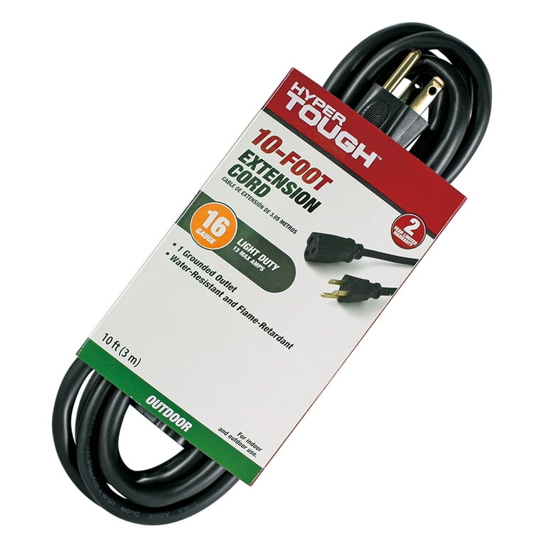 Hyper Tough 10FT 16AWG 3 Prong Black Outdoor Single Outlet Extension Cord,  13 amps