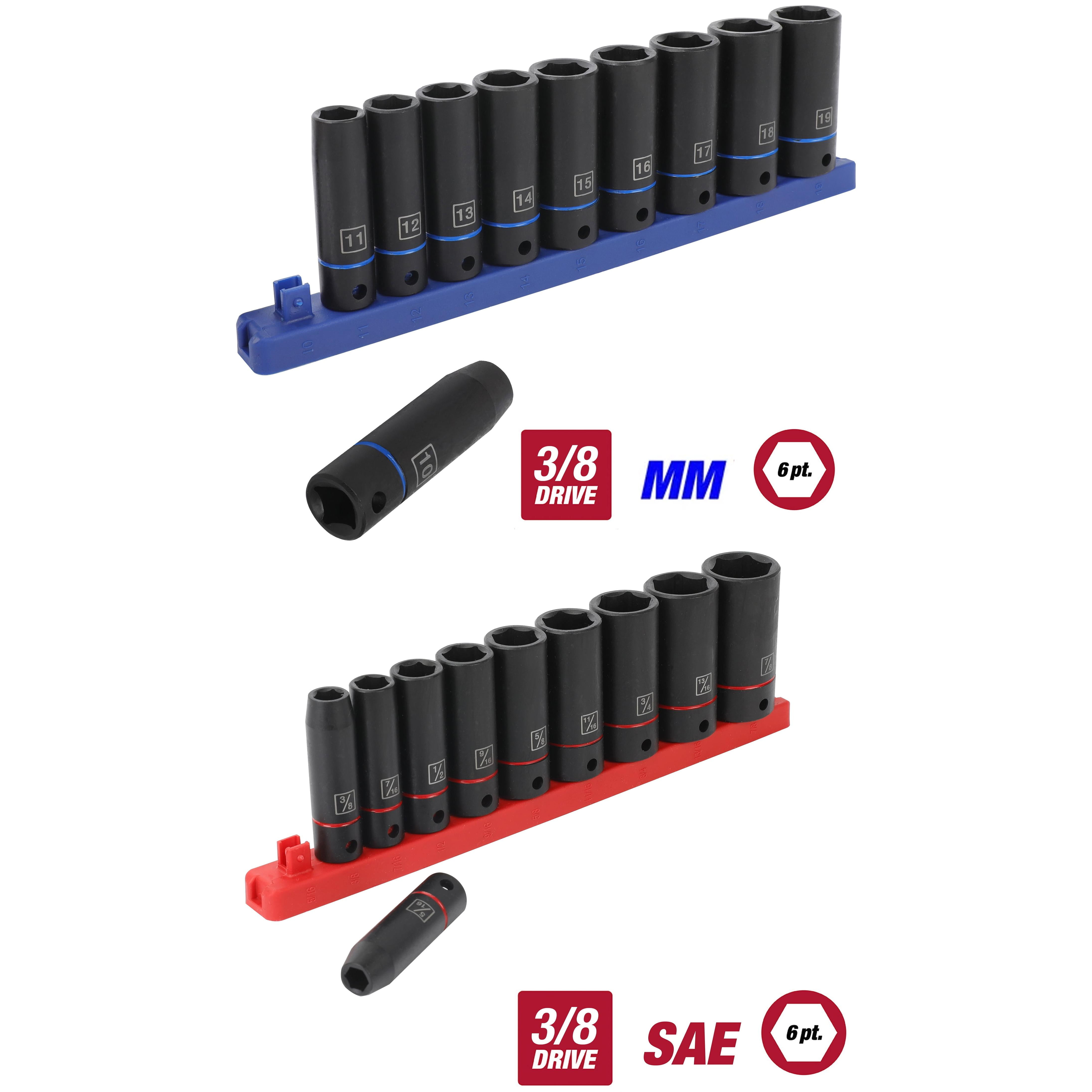 Hyper Tough 11-Piece 3/8 inch Drive, Deep Impact Socket Set MM, and Hyper Tough 11-Piece 3/8-inch drive, Deep impact socket set SAE Bundle