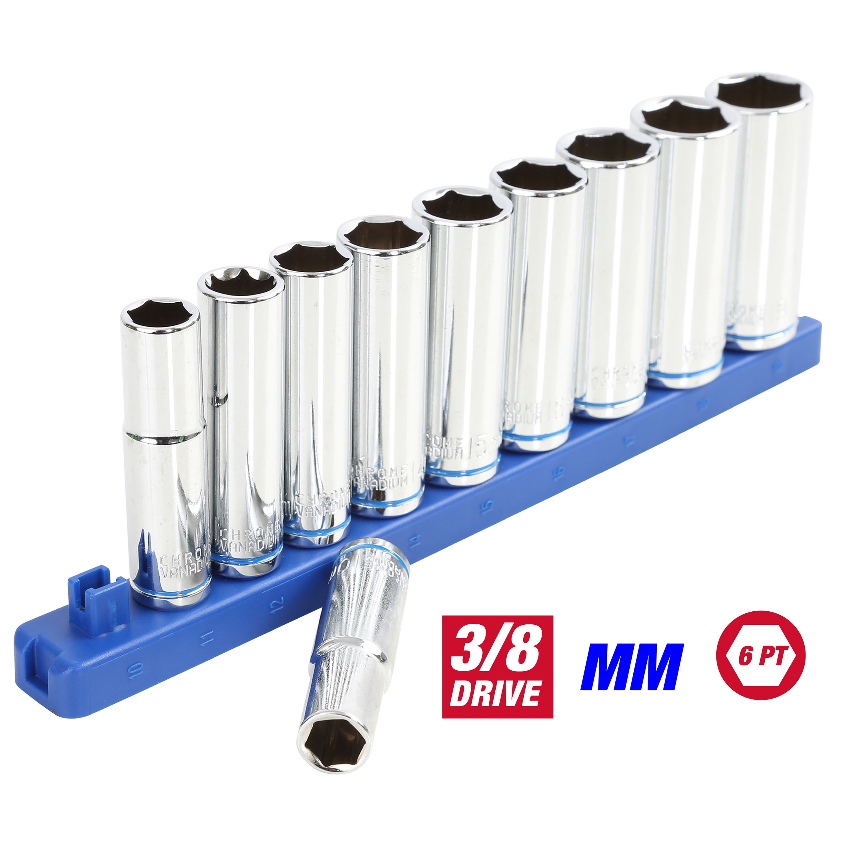 Hyper Tough 11 Piece 3/8 inch Drive Deep Metric Sockets, Chrome Vanadium Steel