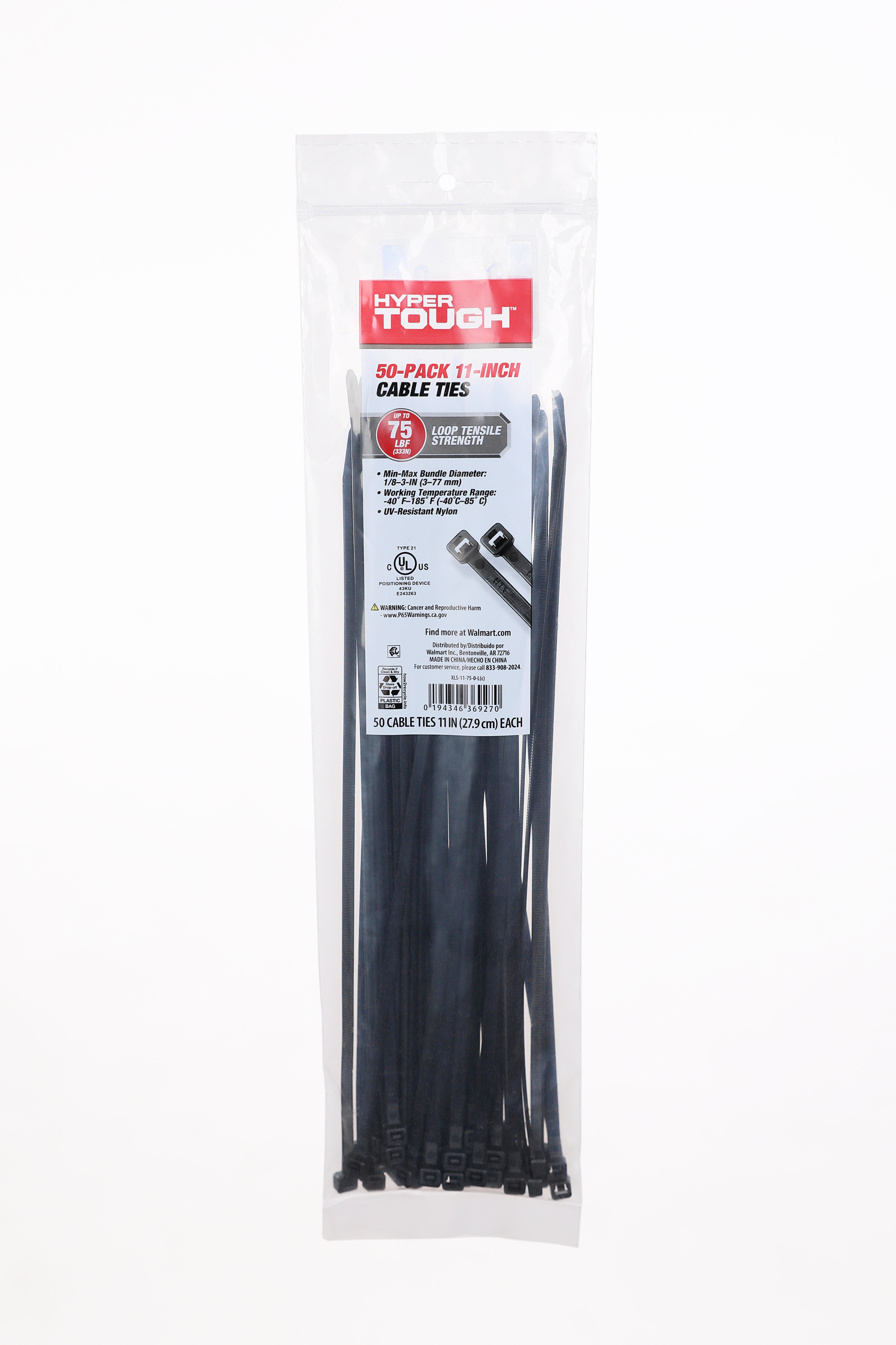 Hyper Tough 11in Black Cable Ties Durable Nylon 75 LBF Resistance