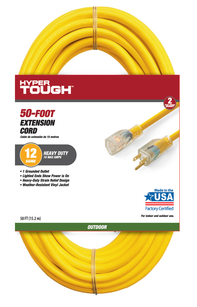 Hyper Tough 50-Foot 12/3 Heavy-Duty Extension Cord – Yellow Vinyl