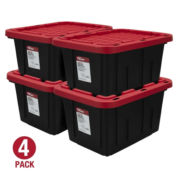 (Pack of 4) Hyper Tough 12 Gallon Small Storage Bin with Snap Lid, Black and Red, Heavy Duty Plastic Storage Container