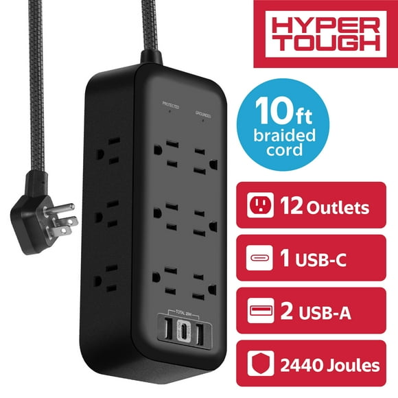 Hyper Tough USB Power Strip Surge Protector, 12 Outlet, USB Fast Charger, 10ft Extension Cord, Black