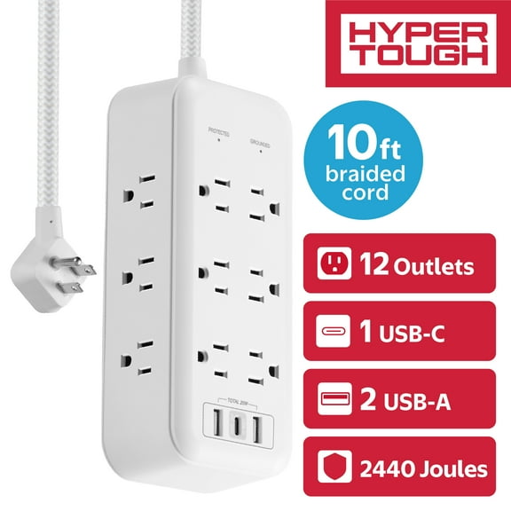 Hyper Tough USB Power Strip Surge Protector, 12 Outlet, USB Fast Charger, 10ft Extension Cord, White