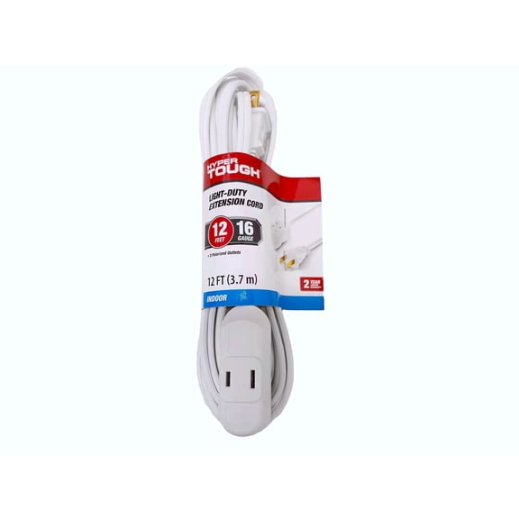 Hyper Tough 12 ft 16 AWG 3-Outlet 2-Prong Indoor Extension Cord, White, 125 V, 13 A