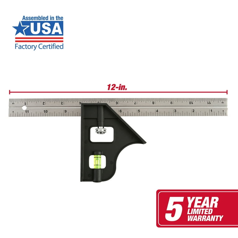 12 Combo-Square with Bubble Level Adjustable Right Angle Ruler