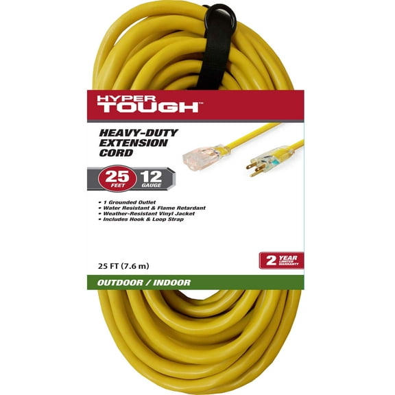 Hyper Tough 12AWGX3C 25ft Indoor and Outdoor Heavy Duty Yellow Vinyl Extension Cord