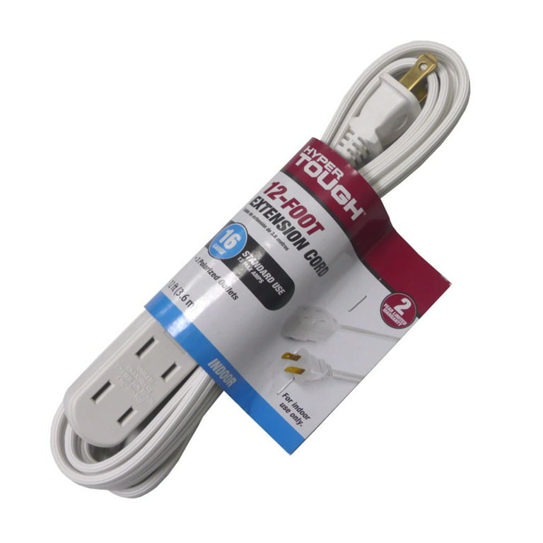 Hyper Tough 12FT 16AWG 2 Prong White Indoor Household Extension Cord, 13  amps