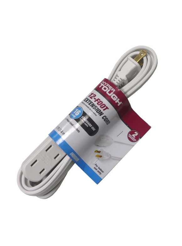 Hyper Tough 12FT 16AWG 2 Prong White Indoor Household Extension Cord, 13 amps