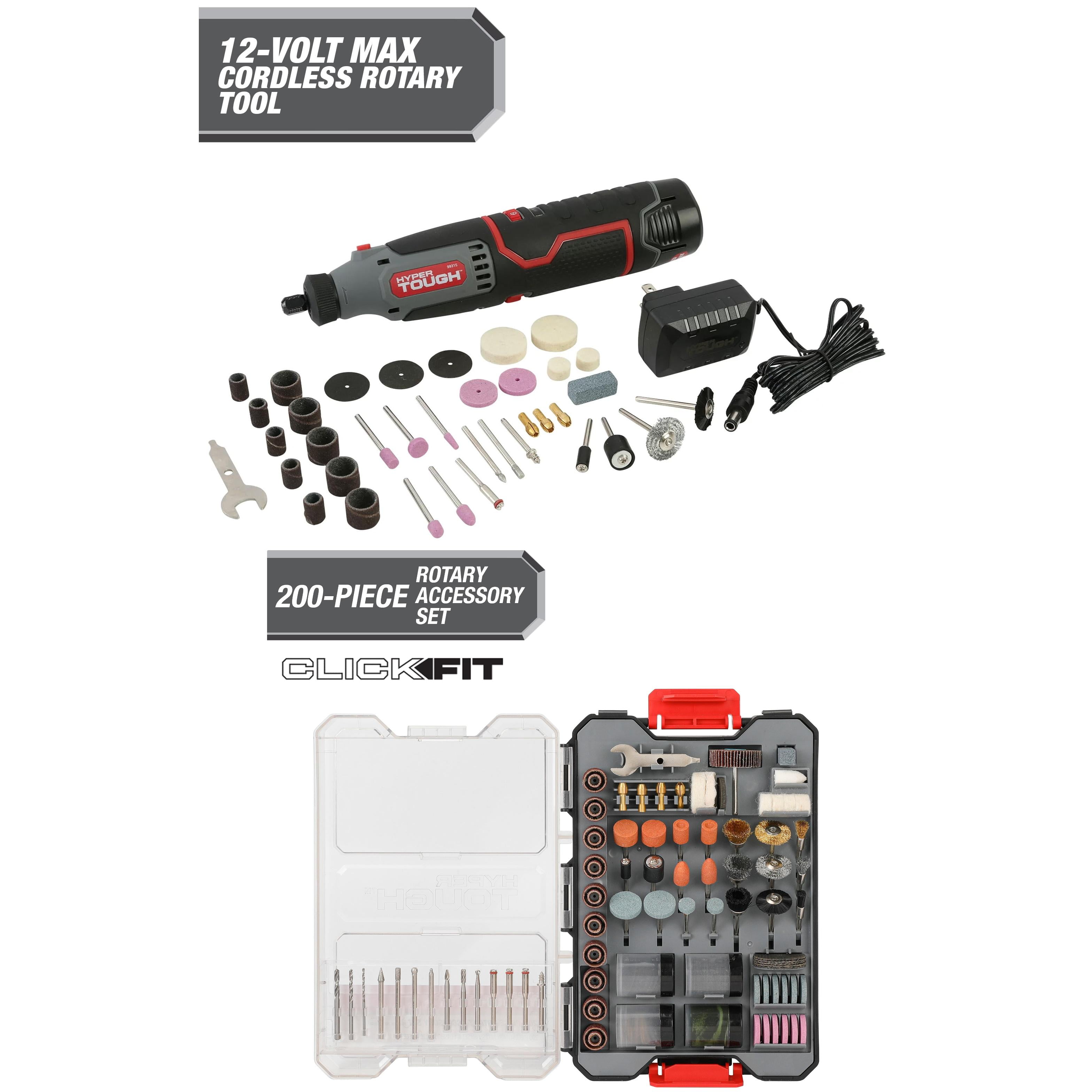 Hyper Tough 12V Max Lit Ion Cordless Variable Speed Rotary Tool 40 Accessories with 1.5Ah Battery Charger with Hyper Tough 200 Piece Rotary Accessory Kit in Click Fit Case Bundle Walmart