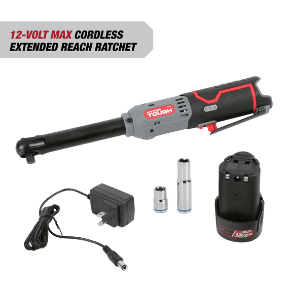 Hyper Tough 12V Max* Lithium-Ion 3/8-inch Cordless Extended Reach Ratchet with 1.5Ah Battery and Charger, New