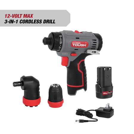 hyper tough 12v max lithium-ion 3-in-1 multi-head power drill set with 1.5ah battery and charger