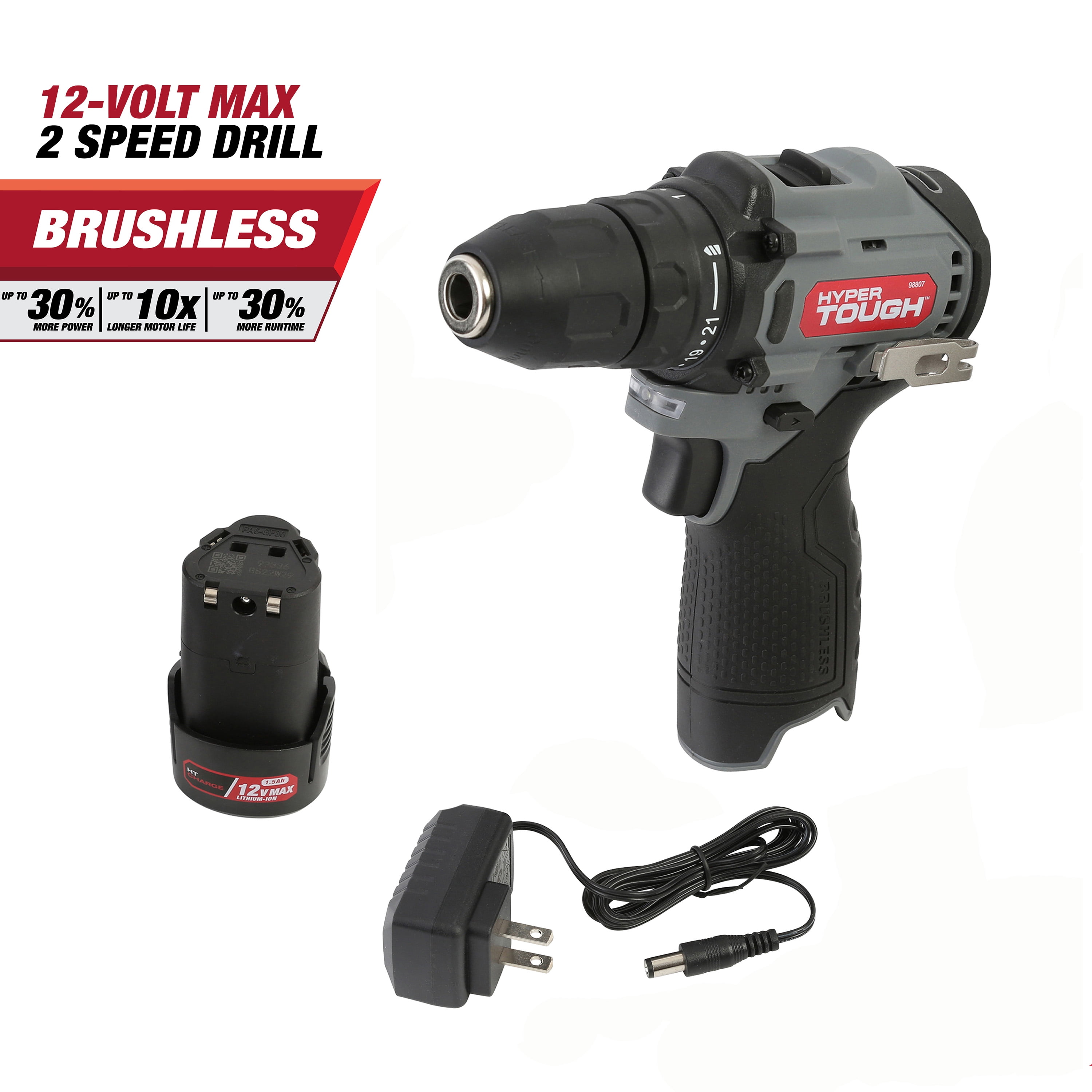 Hyper Tough 12V Max* Lithium-Ion Brushless 2-Speed 3/8-inch Drill Driver  with 1.5Ah Battery & Charger, Model 98807