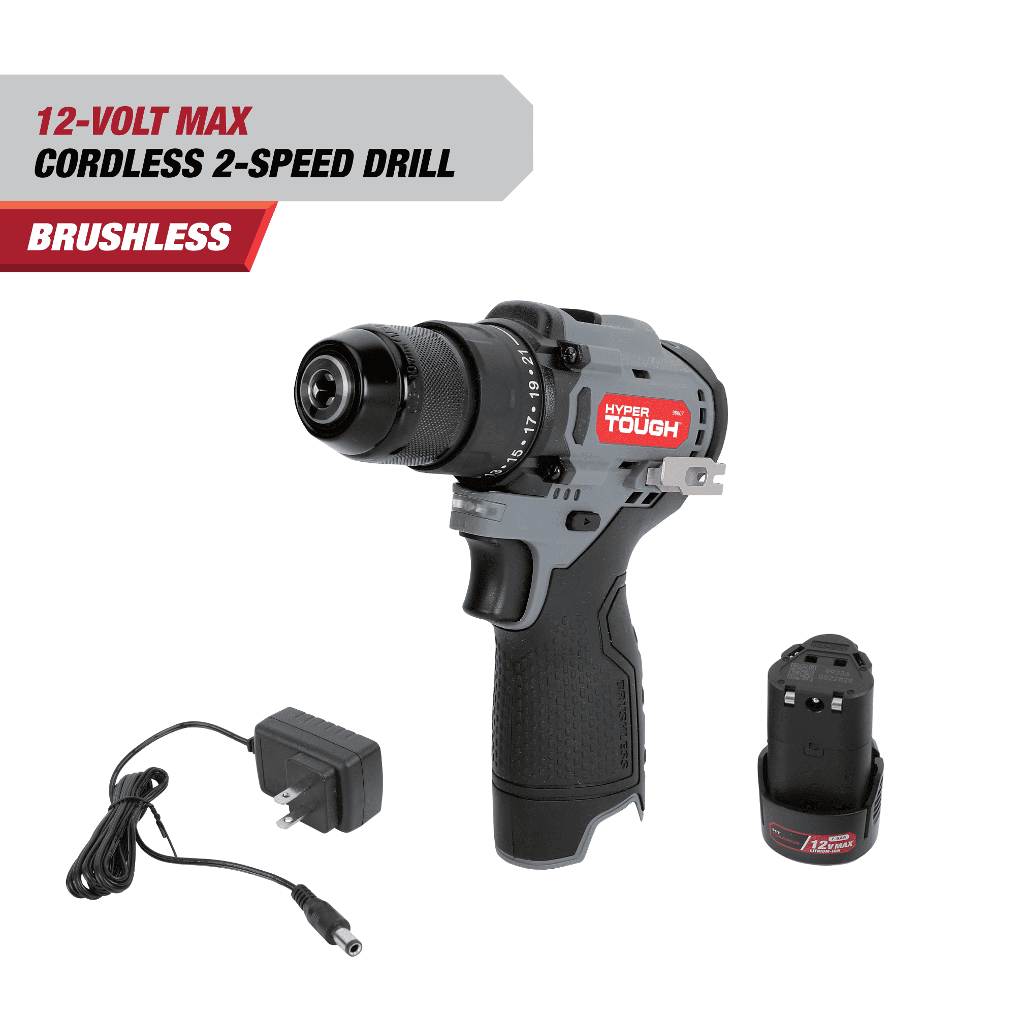 Hyper Tough 12V Max Lithium-Ion Brushless 2-Speed 3/8-inch Drill Driver with Metal Keyless Chuck, 1.5Ah Battery & Charger