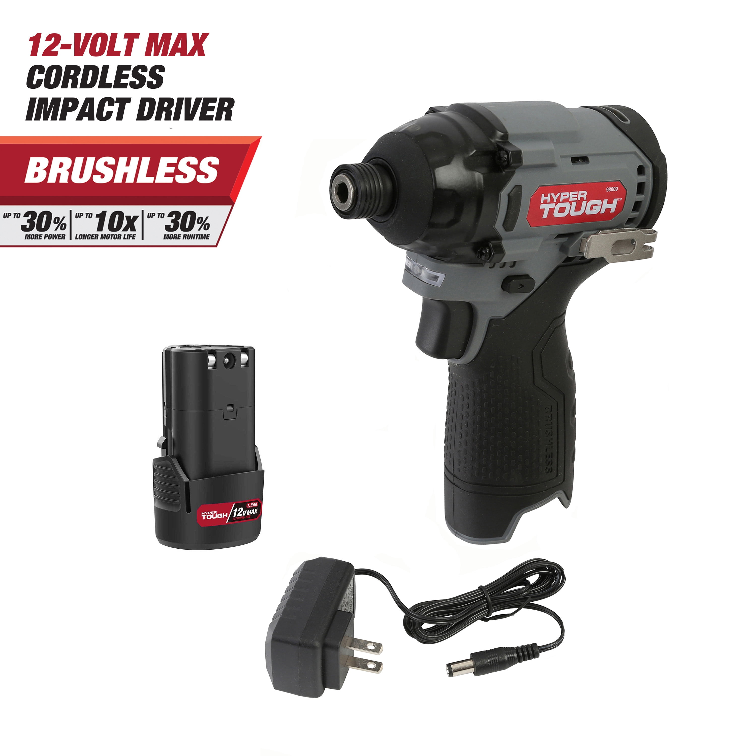 Hyper Tough 12V Max* Lithium-Ion Cordless Brushless Impact Driver with  1.5Ah Battery and Charger, Model 98809 