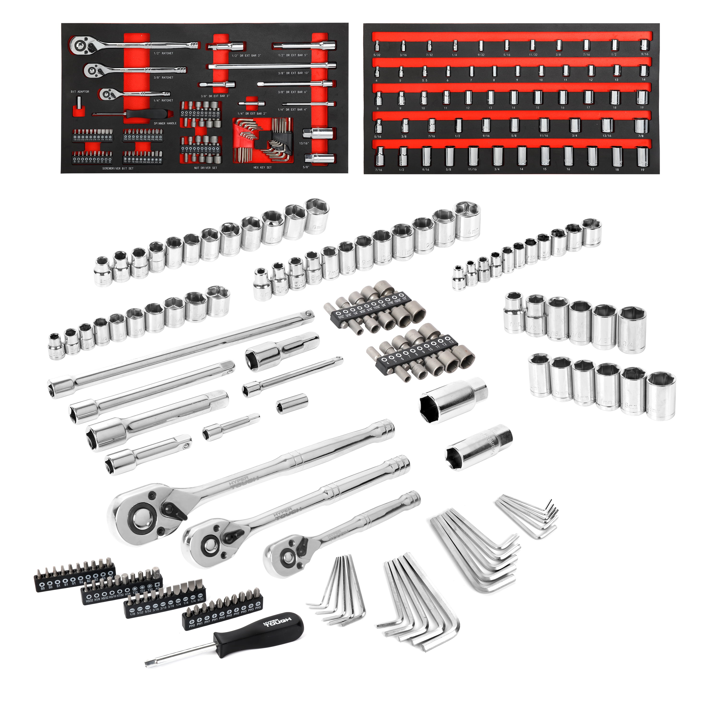 Hyper Tough 153-Piece Mechanic Tool Set, 1/4-inch, 3/8-inch, 1/2-inch Drive Ratchets and Sockets, Storage Trays