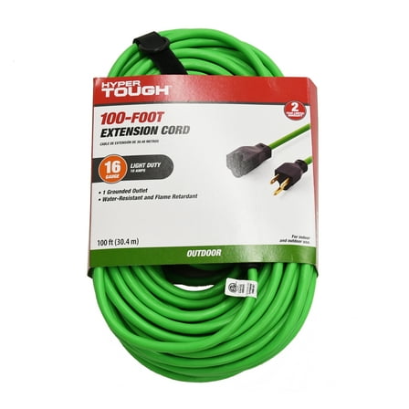 Hyper Tough 16AWGX3C 100ft Indoor and Outdoor Light Duty High Visibility Green Vinyl Extension Cord